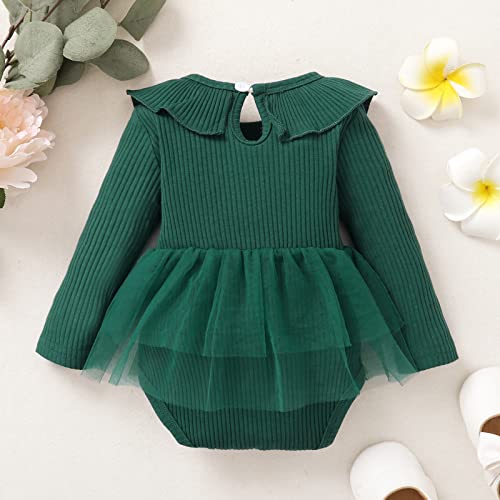 OPAWO Newborn Baby Girl Bodysuits Long Sleeve Ribbed Romper Onsies with Tulle Skirt Infant Baby Girl Dresses 0-18 Months(Green, 3-6 Months)