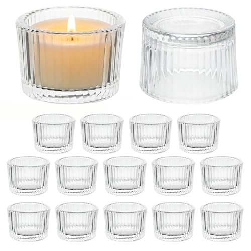 ASSRECT 16 PCS Clear Ribbed Glass Tea Light Candle Holders, 5cm x 3.5cm Vintage Mini Tealight Holders for Wedding Centrepiece, Birthday, Christmas, Party & Home Decor