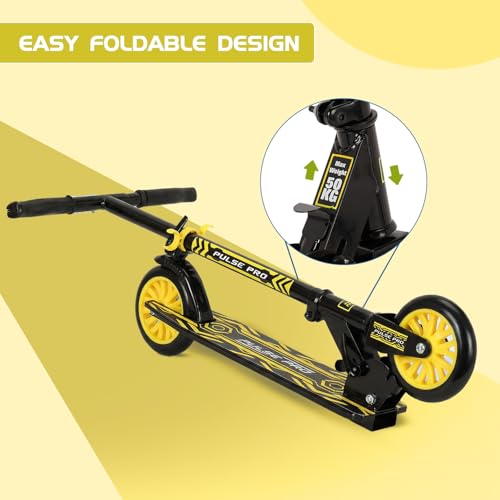 Image of Amazon Brand - Jam & Honey Kick Scooter | Foldable 2-Wheel Design with Rear Brake | 3-Height Adjustable Handlebar | BIS Certified | 50 kg Max Load | Neon Yellow | Ages 6-13 Years
