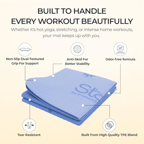 Image of Stoga Origami Foldable 6mm Yoga Mat | Non-Slip | Mat for Men & Women | Lightweight, Sweat-Resistant, Eco-Friendly TPE Mats with Carry Strap | Best Yoga Mat for Home, Travel & Gym (Blue)