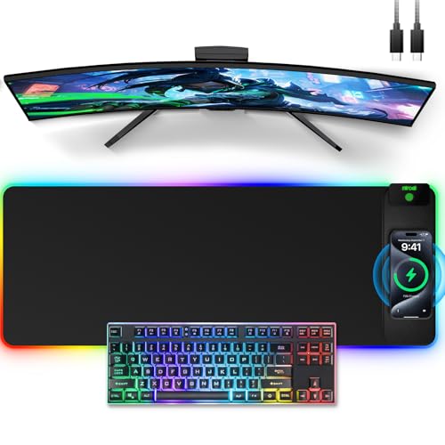 Image of Wireless Charging Mouse Pad, 31.5 inchx11.81 inch XL Gaming Mousepad with 11 RGB Colors & 5 Lighting Modes, Home Office Large Desk Pad, Ultra-Smooth Surface, Non-Slip, Waterproof Keyboard Pad Black Desk Mat
