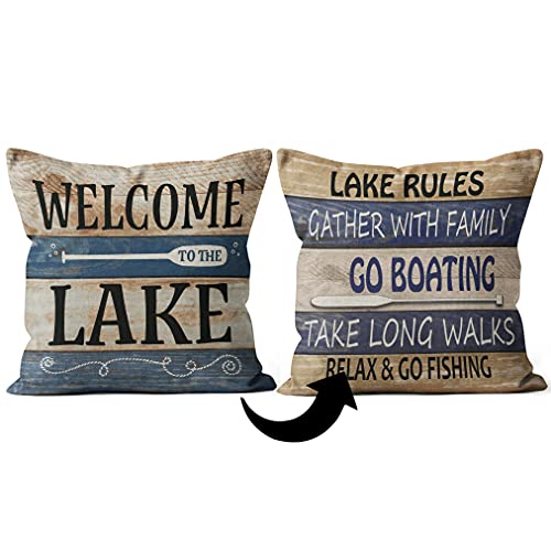 Welcome To The Lake Lake Rules Reversible Throw Pillow Cover Case,Lake House Rules Decor, Lake House Decor, Lake Paddle Decor, Lake Cushion, 18 X 18 Inch Linen Cushion Cover, Lake Home Bed Sofa Decor #TOP26