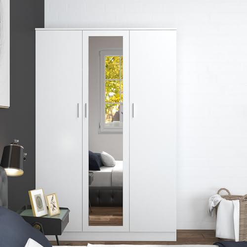 3 Doors Mirrored Wardrobe with Hanging Rail Wooden Clothes Storage Cupboards Unit for Bedroom Furniture 115.4 x 50 x 180 cm