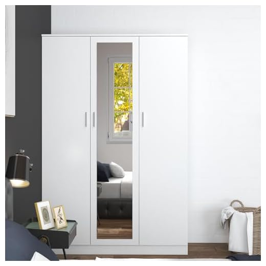 3 Doors Mirrored Wardrobe for Bedroom Bedroom Furniture Robe with 6 Storage Compartments, Hanging Rail, 115.4 x 50 x 180 cm (White)