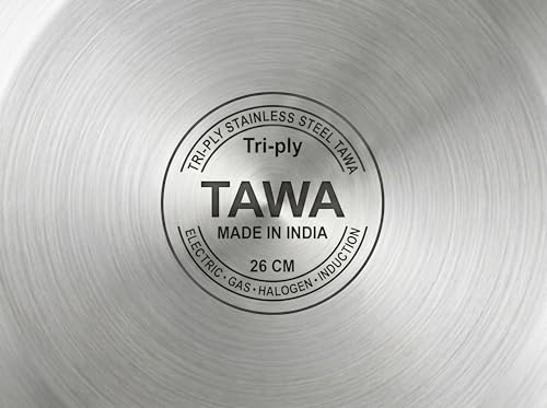 Image of Triply Stainless Steel Tawa 26cm | 4mm Thick, 1Kg | Induction & Gas Compatible | SS 304 Interior | 100% Toxin-Free, No Chemical Coating | Even Heat, No Burning | Roti, Paratha, Chapati