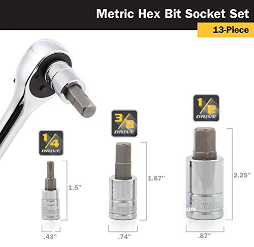 Titan 16124 13-Piece Metric Hex Bit Socket Set, Magnetic Socket Organizer with Laser-Etched Size Markings