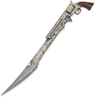 K EXCLUSIVE Otherworld Steampunk Gun Blade Sword with Nylon Shoulder Sheath - Antique Finish, Laser-Etched and Engraved Accents, Spinning Barrel - 26