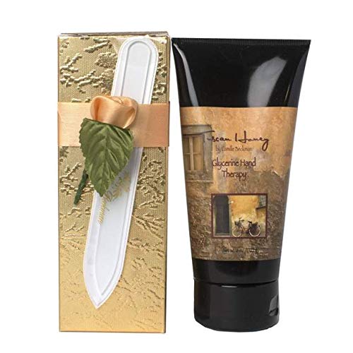 Camille Beckman Juego de regalo de manicura romántica, miel toscana, terapia de manos de glicerina de 6 onzas, lima de uñas de cristal premium