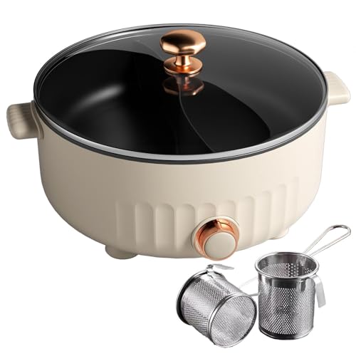 ARTSIM Fondue Chinoise Electrique, 6 litres, 1350 Watts, 30cm De DiamèTre Appareil Fondue Chinoise Convient Aux FêTes d'anniversaire (avec 2 Filets Non éTanches),White