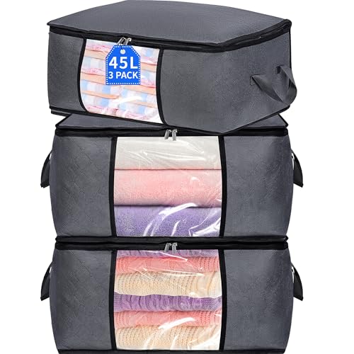 3 Pack Storage Bags, 45L Foldable Clothes Storage Bins with Lids, Closet Organizers Blanket Storage...