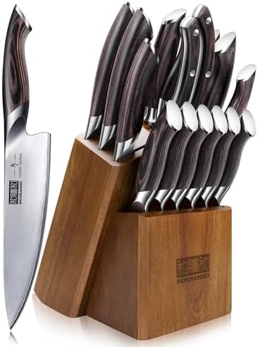 HOSHANHO Messerblock Set mit 16-TLG, Kochmesser Set Ultrascharfes Messerset | Multifunktionalen Küchenmesser Set aus Hochwertigem Edelstahl, Ergonomischer Pakkaholzgriff, mit Schär