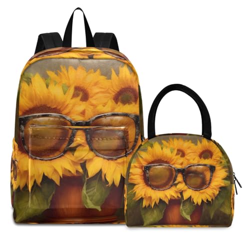 Glasses Sunflower Print Backpack Set with Lunch Bag, Large Capacity Travel Backpacks and Lunch Box Insulated for Commute Hiking Picnic