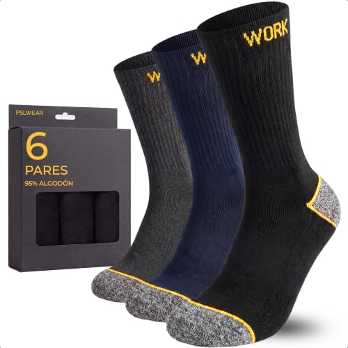 PSL WEAR 6 Pares | Calcetines Trabajo Hombre | Work Socks con 95% Algodón Rizo Técnico y Acolchado en Todo el Calcetín, con Talón y Puntera Reforzados para Obra, Taller y Almacén