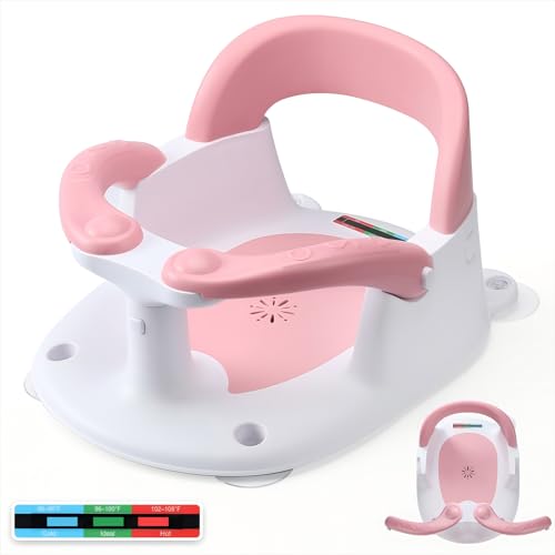 NFSVLB Baby Bath Seat for Babies Sitting Up with Temperature Alert+Soft Cushion+Suction Cup,Infant Bath Seat for Baby 6 Months & Up,Baby Bath Chair Toddler Bath seat for Bathtub Tub Pink