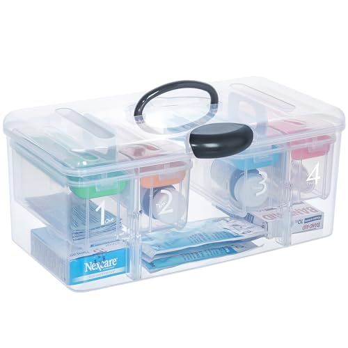 Image of MyGift 15 Inch Clear Stackable Utility Storage Bin, Arts and Crafts Organizer, Sewing Supplies Carrier with 2 Detachable Cases, 4 Multicolored Sorting Trays