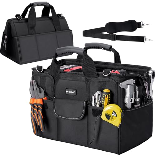 TICONN Heavy Duty Tool Bag with Multi-Pockets, Portable Tool Box Organizer Storage Bag, with Adjustable Shoulder Strap and Ergonomic Handle (Black, 16″ Standard Base)