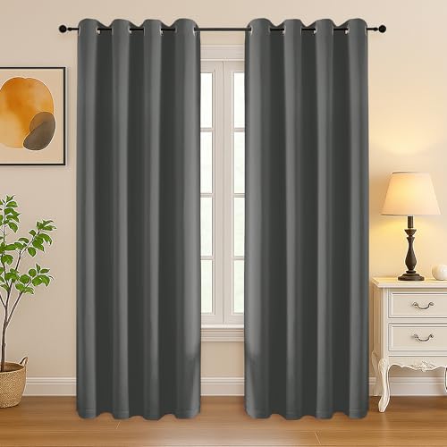 Image of Simplebrand Light Grey Curtains for Bedroom Living Room 72 Inches Long 2 Panels Set, Room Darkening Thermal Insulated Curtains & Drapes, Solid Grommet Noise Reducing Window Treatment, W50 x L72 Inch