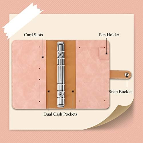 Dadanism 6-Ring Notebook Binder, PU Leather Loose Leaf Notebook Binder Cover with 12pcs Clear Plastic A6 Binder Envelopes Zipper Pouches & Label Stickers, Refillable Budget Envelope System - Old Rose