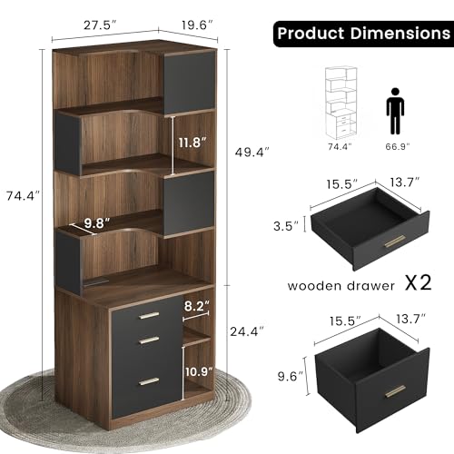Image of ModernMate 74.4 inch Corner Bookshelf with 3 Drawers and Storage, Power Outlet