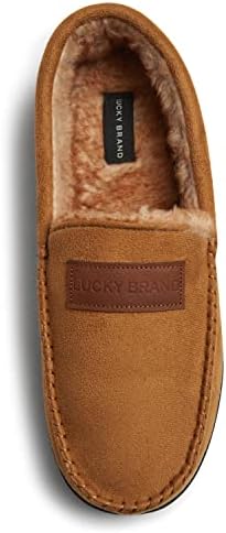 Lucky Brand Micro Suede Moccasin Slippers for Men with Faux Fur Lining, Tan, M