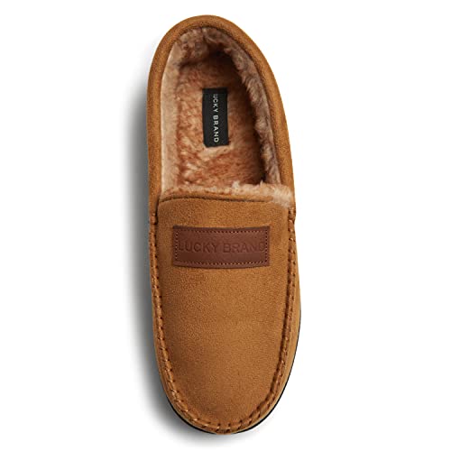 Lucky Brand Micro Suede Moccasin Slippers for Men with Faux Fur Lining, Tan, S