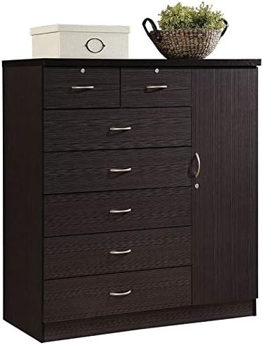Pemberly Row Tall 7 Drawer Chest with 2 Locking Drawers and Garment Rod or Extra Storage in Chocolate Brown