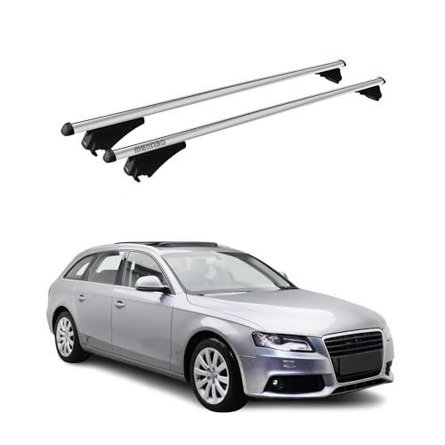 Menabo - Portabicicletas transversal compatible con Audi A4 B8 Avant 2007 – 2015 | TÜV, portaequipajes de techo, portaequipajes de techo, portaequipajes de aluminio, 2 piezas, color plateado