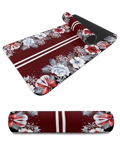 Debedcor Heat Proof Table Pads Waterproof Decorative, Christmas Poinsettia Non-Slip Table Countertop Protector, Xmas Flower Snowflake White Striped Insulation Mat for Kitchen Room, 40 x 12 Inches