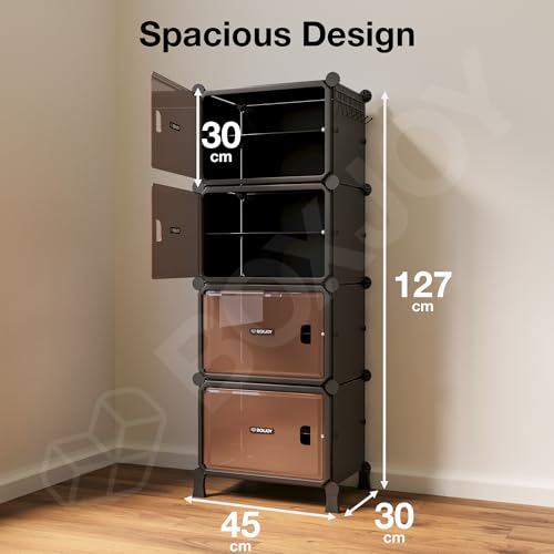 Image of BOXJOY 8 Shelf Black Shoe Rack for Home with 4 Brown Doors, Hard PET Plastic with Metal Door Frame, Shoe Chappal Slipper Sandals Stand