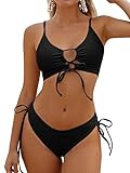 ZAFUL Black High Leg Bikini Sets for Women Two Piece Cute String Swimsuit 2025 Teen Girls Lace Up Bathing Suit Sexy Brazilian Large Busted Swim Suits Padded Top S