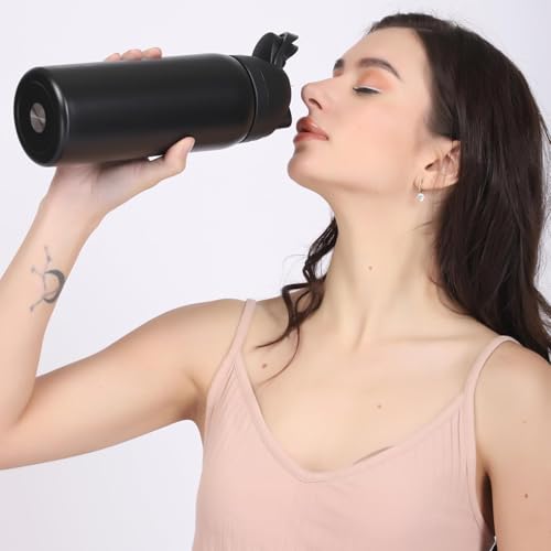 Image of FreeSip Insulated Stainless Steel Water Bottle with Straw for Sports and Travel, 32OZ (960 ML)(Black)