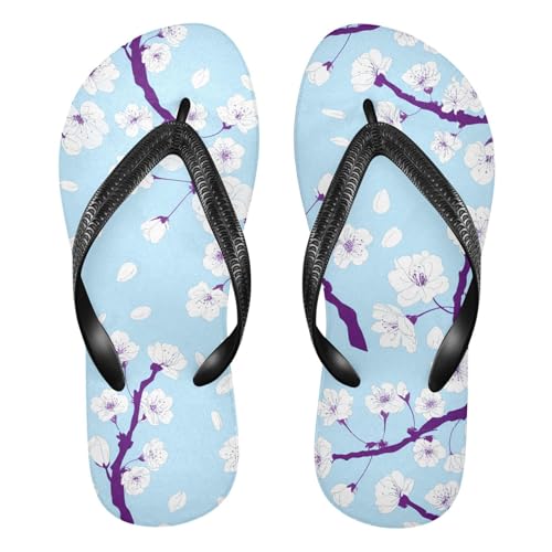 White Blossom Branch Blue Flip Flops for Beach Thong Sandals Anti-slip Lightweight Shower Shoes for Summer Swim Travel