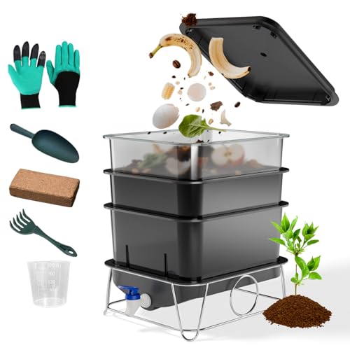 HCGADON 3-Tray 15L Worm Farm Composting Bin with Tool Set - Efficient Indoor/Outdoor Composter for Organic Waste Recycling, Beginner-Friendly Kit for Healthier Plants (Black)