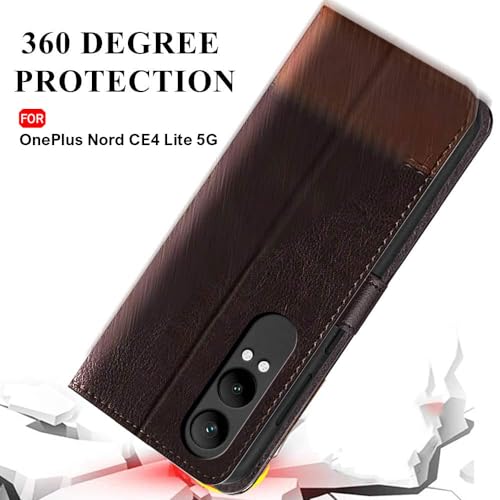 Image of TheGiftKart Flip Back Cover Case for OnePlus Nord CE 4 Lite 5G | Dual-Color Leather Finish | Inbuilt Stand & Pockets | Wallet Style Flip Cover for OnePlus Nord CE4 Lite (Faux Leather, Coffee & Brown)