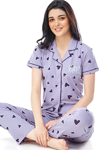 Image of ZEYO Women's Cotton Heart Printed Night Suit Set of Shirt & Pajama Set 5250 (Available in Plus Size)