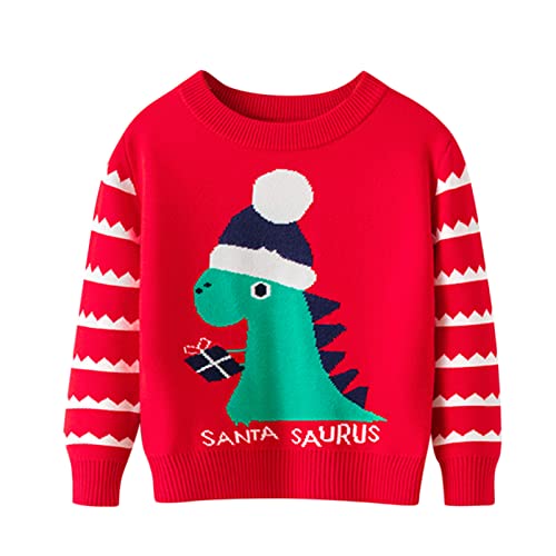 Children Warm Blouse Toddler Boys Girls Christmas Cartoon Dinosaur Print Warm Knitted Sweater Long (Red, 3-4 Years)