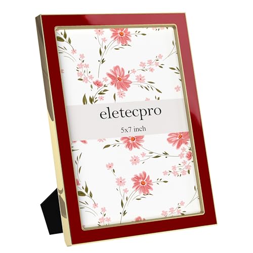 Image of eletecpro 5x7 Enamel Picture Frame with Real Glass Cover, Cute Photo Frame with Gold Metal Edge, Horizontal and Vertical Display Pictures 5 by 7 for Tabletop and Wall Decor, Red, 1 Pack