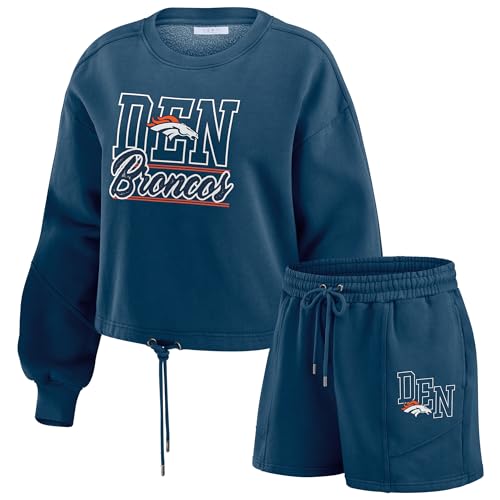 WEAR by Erin Andrews Women's Navy Denver Broncos Washed Fleece Long Sleeve T-Shirt & Shorts Lounge Set