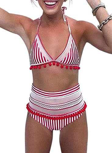 Bdcoco Women's High Waist Two Pieces Bikini Set Padded Stripe Tassel Swimsuit Red