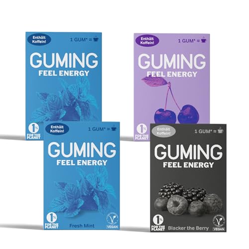 GUMING 40x Energy Kaugummi mit 60mg Koffein/Gum, Guarana, Vitamin C & B6, Vegan, zuckerfrei (40 Stück, 4 Packungen a 10 Gums: Minze, Kirsche, Beere)