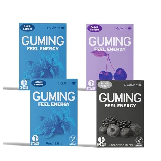 GUMING 40x Energy Kaugummi mit 60mg Koffein/Gum, Guarana, Vitamin C & B6, Vegan, zuckerfrei (40 Stück, 4 Packungen a 10 Gums: Minze, Kirsche, Beere)