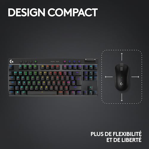 Logitech G PRO X TKL LIGHTSPEED clavier de jeu sans fil, ultra-portable, sans pavé numérique, LIGHTSYNC RVB, touches en PBT, switchs Tactile (GX Brown), AZERTY Français, PC - Noir