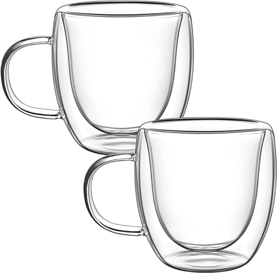 HEJISUN Heat Resistant Double Wall Glass Coffee Mugs Clear Insulated Coffee Glass, Cappuccino Cups, Latte Cups, Beverage Glasses (350 Ml Cups, Pack of 6)