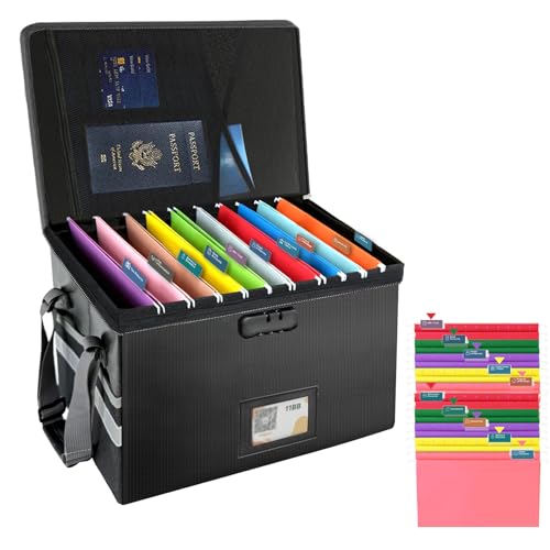 Large Next of Kin Box Organizer with Smart Labels, Fireproof Foldable File Organizer with Combination Lock, 10 Hanging Files and 20 Category Labels for Label Documents(15.7