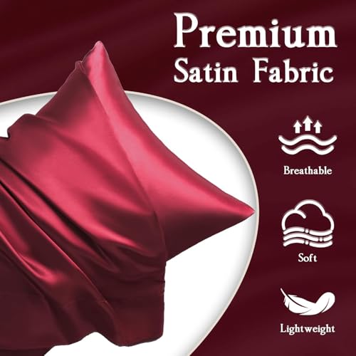 Image of Craftelio Satin Pillow Covers Set of 2 with 3 Free Random Color Hair Scrunchies - Anti-Frizz, Skin-Friendly, Soft & Durable Pillowcase Set for All Hair Types (Burgundy)
