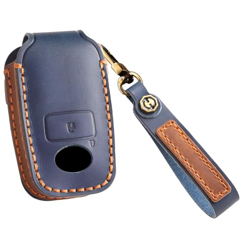 KUNIO Cowhide Leather Car Key Protector Fit for Toyota Daihatsu Rocky RAIZE Smart Remote Key Fob Cover 2 Button Blue
