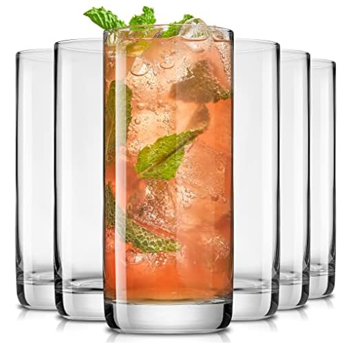 JoyJolt Faye 13oz Highball Glasses, 6pc Tall Glass Sets. Lead-Free Crystal Drinking Glasses. Water Glasses, Mojito Glass Cups, Tom Collins Bar Glassware, and Mixed Drink Cocktail Glass Set
