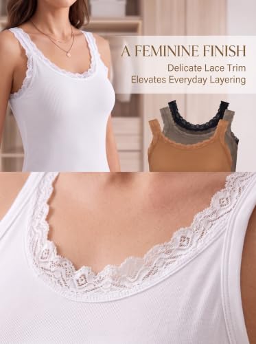 Image of Lasnten 4 Pieces Lace Camisole Tank Tops for Women Ribbed Cami Top Lacework Undershirt Patchwork Tank Lace Trim Cami(Medium,Black, White, Chocolate, Coffee)