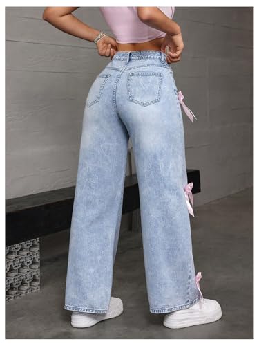 MakeMeChic Women's Bow Knot Zip Up Denim Pants Loose Fit Button Front Straight Leg Jeans2