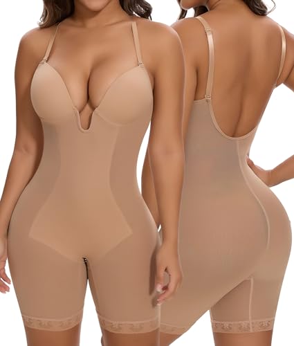 SHAPERIN Rückenfrei Formende Bodysuit Damen Shapewear Bauchweg Body mit Push Up BH Full Body Shaper Tiefer U Ausschnitt Beige 1# L SHAPERIN Rückenfrei Formende Bodysuit Damen Shapewear Bauchweg Body mit Push Up BH Full Body Shaper Tiefer U Ausschnitt Beige 1# L
